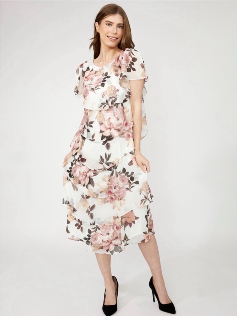 SLNY Floral Tiered Midi Dress With Capelet Sleeves sz 8